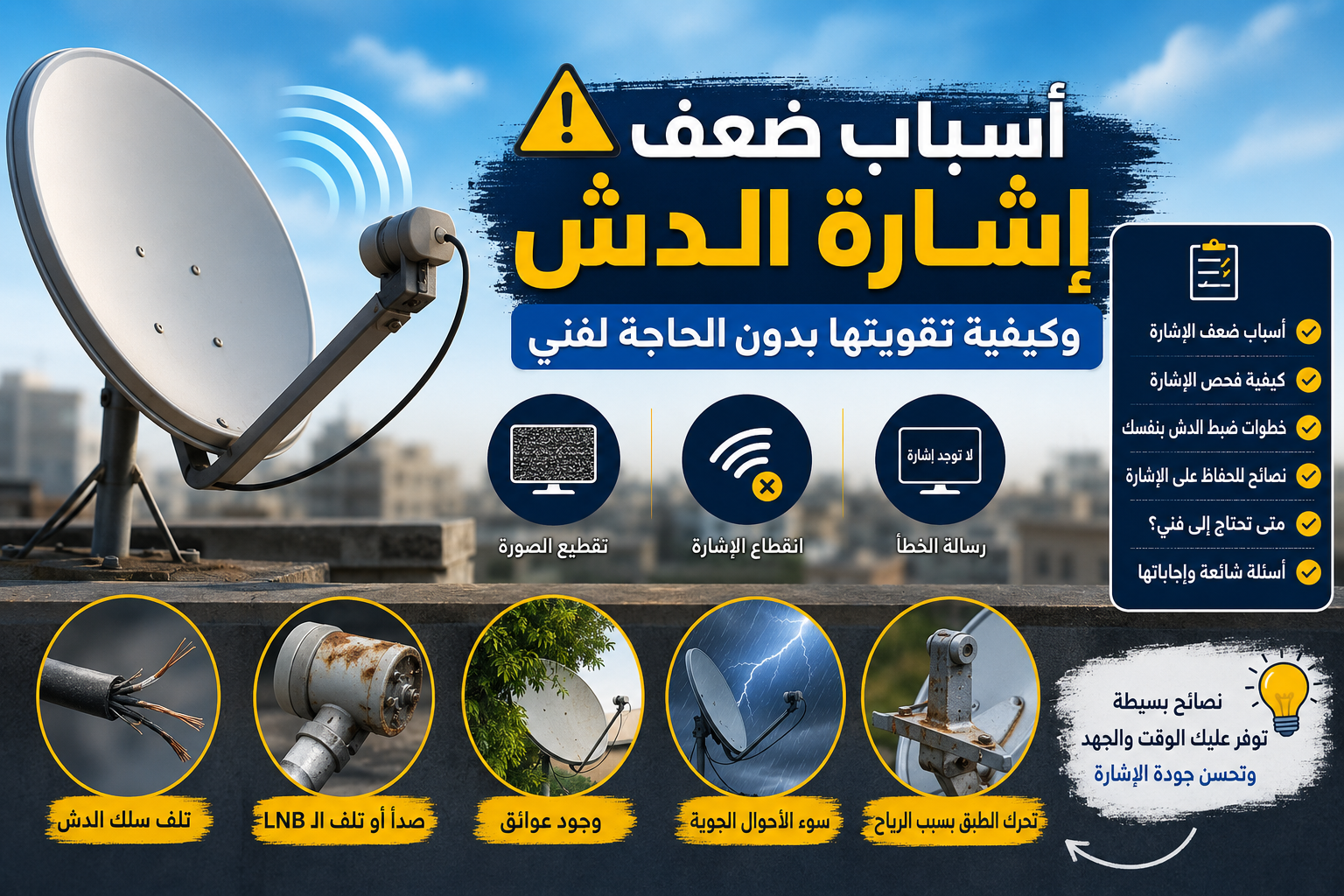 صورة توضح أسباب ضعف إشارة الدش وكيفية تقويتها بدون الحاجة لفني